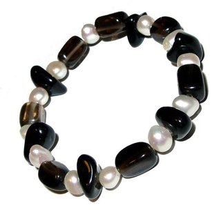 Rauchquarz kombiniert mit Onyx und  Perle Armband auf Stretchband