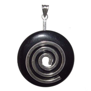 Onyx schwarz Donut Anhnger rund  ca. 35 mm mit silberfarbener Donut Spirale