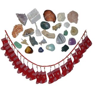 24 Edelsteine und Mineralien Adventskalender rote Filz Socken Stiefel gefüllt mit Rohstücke Figuren