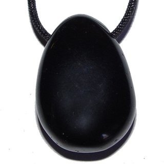Obsidian Schwarz Anhänger flacher Trommelstein ca. 30 x 20 mm in Tropfen Form mit Bohrung ca. 2,5 mm