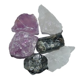 AURA Mischung ca.250 g Edelsteinwasser Wassersteine Rohsteine 6 Steine Amethyst Bergkristall und Turmalin schwarz