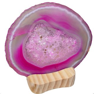 Achatscheibe pink transparent mit Holz Stnder Gre: ca.100-120 mm
