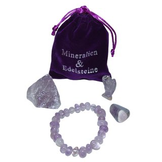 Amethyst Geschenk Set 4 teilig je 1x Armband / Engel Anhnger /  Rohstein / Trommelstein in lila Samtbeutel