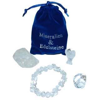 Bergkristall Geschenk Set 4 teilig je 1x Armband / Engel Anhnger /  Rohstein / Trommelstein in blauemSamtbeutel