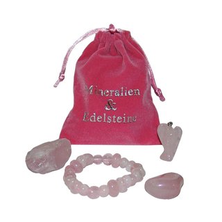 Rosenquarz Geschenk Set 4 teilig je 1x Armband / Engel Anhnger /  Rohstein / Trommelstein in rosa Samtbeutel