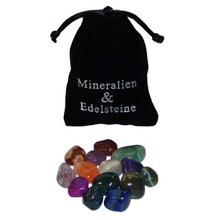 100 Gramm Trommelsteine bunt in schwarzem Sambeutel Aufschrift Mineralien & Edelsteine Ideal als Give away /Geschenk