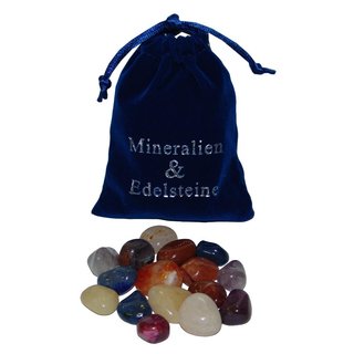 100 Gramm Trommelsteine bunt in blauem Sambeutel Aufschrift Mineralien & Edelsteine Ideal als Give away /Geschenk