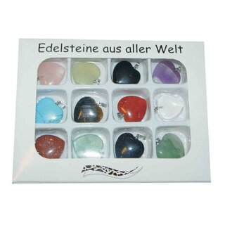 12 Stück Edelstein Herz Anhänger 20 mm Silberfarbener Metall Öse z.B. Amethyst Bergkristall Rosenquarz u.a.