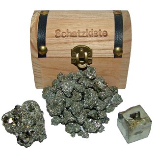 Schatzkiste gefüllt mit Pyrit / Piratengold / Katzengold 200g mini Steine Natur Stück und Würfel