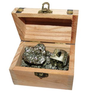 Schatzkiste gefüllt mit Pyrit / Piratengold / Katzengold 200g mini Steine Natur Stück und Würfel
