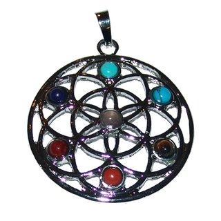 7 Chakra Anhnger rund Blume des Lebens ca. 40 mm, mit silberfarbener Metallse