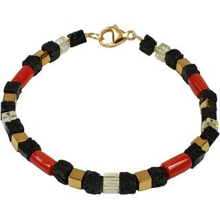 Edelsteinarmband rote Koralle, Lavastein, Lemonquarz, Hmatit vergoldet, ca. 19,5 cm, Damen