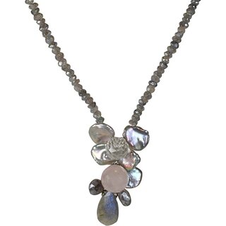 Edelstein Kette - Labradorit facettiert mit Bltenahnger, ca. 46 cm, 925oo Silber Karabiner