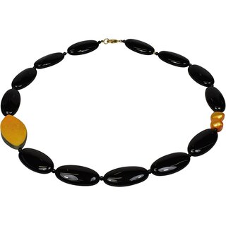 Funk-Collier Schwarzer Achat, gelber Naturachat, Ssswasser Zuchtperle, 925oo SI verg. Schlo
