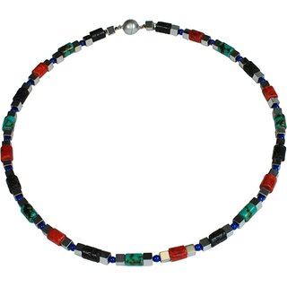 Edelsteinkette Lavastein, Lapis Lazuli, Schaumkoralle, Magnetschloss, ca. 43.5 cm