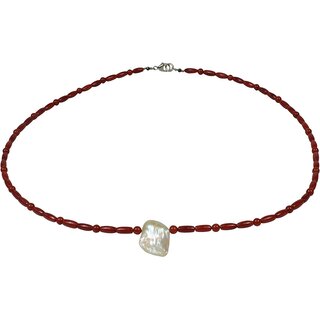 Funk-Collier Rote Bambus Korallen Kette mit Blisterperle Naturform, Lnge: ca. 46.5 cm, Damen