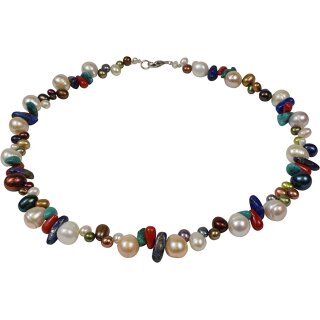 Blütencollier Süsswasser Zuchtperle, Edelstein Mix, 925 Silber Schloß, Damen