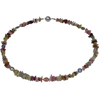 Funk-Collier Edelstein Kette Turmalin, Bergkristall beh, Magnetschloss, ca. 44 cm, Damen