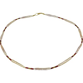 Funk-Collier Biwaperle mit Bambuskoralle, ca.47 cm, Silber verg. Karabiner, Damen