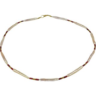 Funk-Collier Biwaperle mit Bambuskoralle, ca.47 cm, Silber verg. Karabiner, Damen