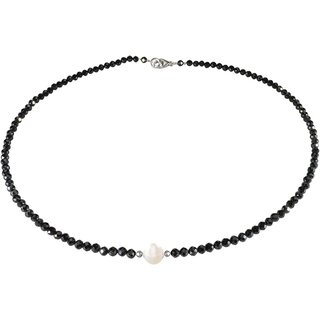 Funk-Collier Schwarzer Spinell, Ssswasser Zuchtperle, ca. 43 cm, Damen, SI Schlo