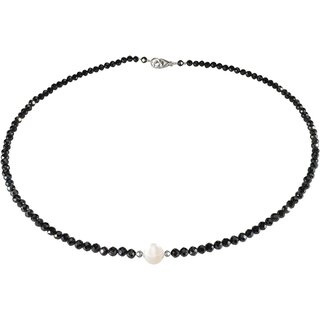 Funk-Collier Schwarzer Spinell, Ssswasser Zuchtperle, ca. 46.5 cm, Damen, SI Schlo