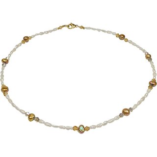 Funk-Collier Ssswasser Zuchtperle wei mit Ssswasser Perlen goldfarben, ca. 44 cm