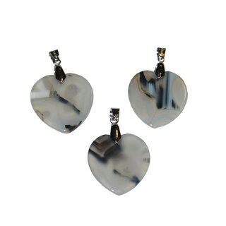 Achat Natur Herz Anhnger flach wei mit schwarzen Eischlssen ca. 25 mm mit silberfarbener Metallse