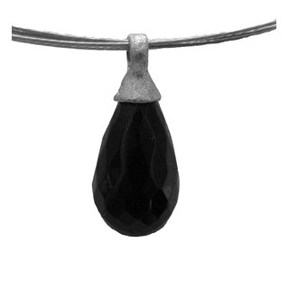 Turmalin schwarz  Schrl Tropfen 10 mm facettiert als Anhnger mit 925er Silber  se 4 mm + Edelstahl Reif 45 cm