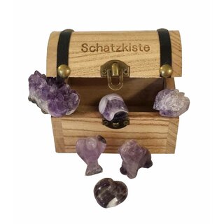 Schatzkiste gefllt mit Amethyst u.a, Fuguren, Rohstcke,geschliffene Formen ideal als Geschenk