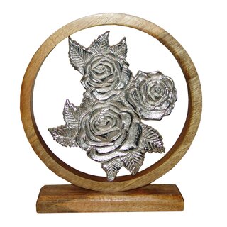 GILDE Mango Holz Skulptur mit 3 STCK Aluguss Rosen ca. 26 x 20 cm