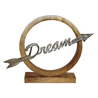 GILDE Mango Holz Skulptur mit Aluguss Schrift Dream mit Pfeil ca. 26 x 20 cm