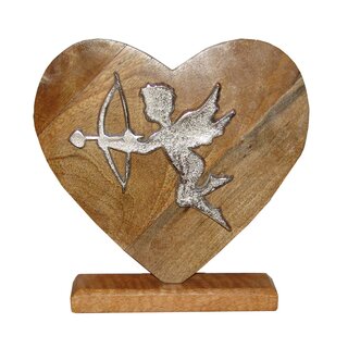 GILDE Mango Holz Skulptur Herz mit Aluguss Engel ca. 26 x 26 cm